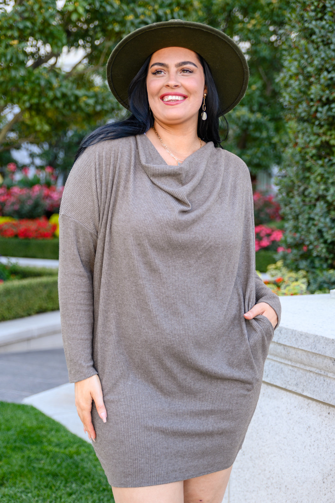 Cowl Neck Knit Mini Dress In Cocoa