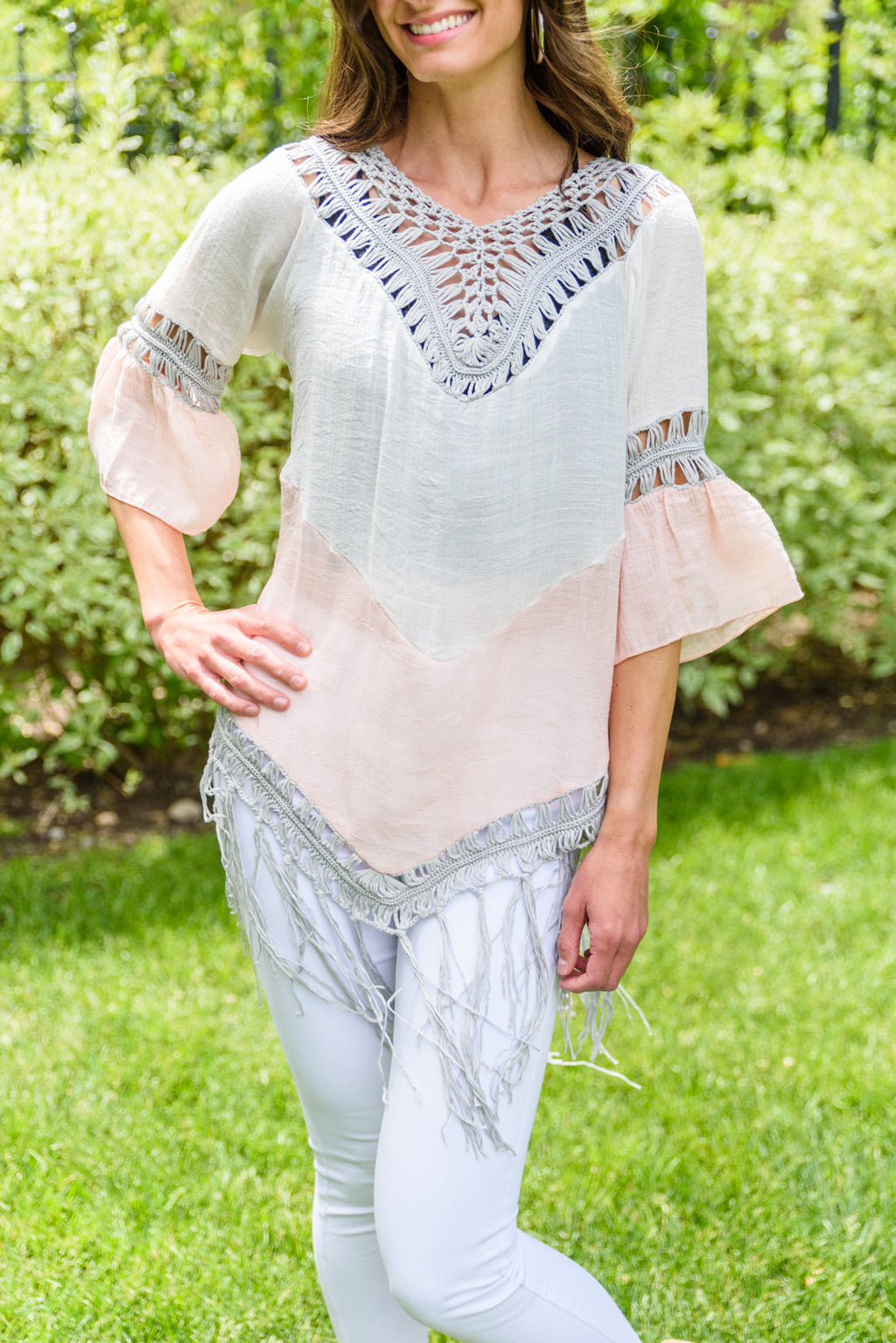 Color Block Crochet Fringe Poncho