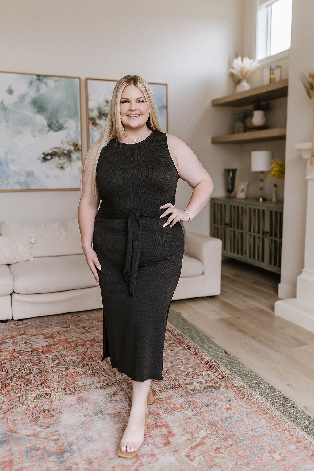 Front Tie Detail Midi Dress in Charcoal