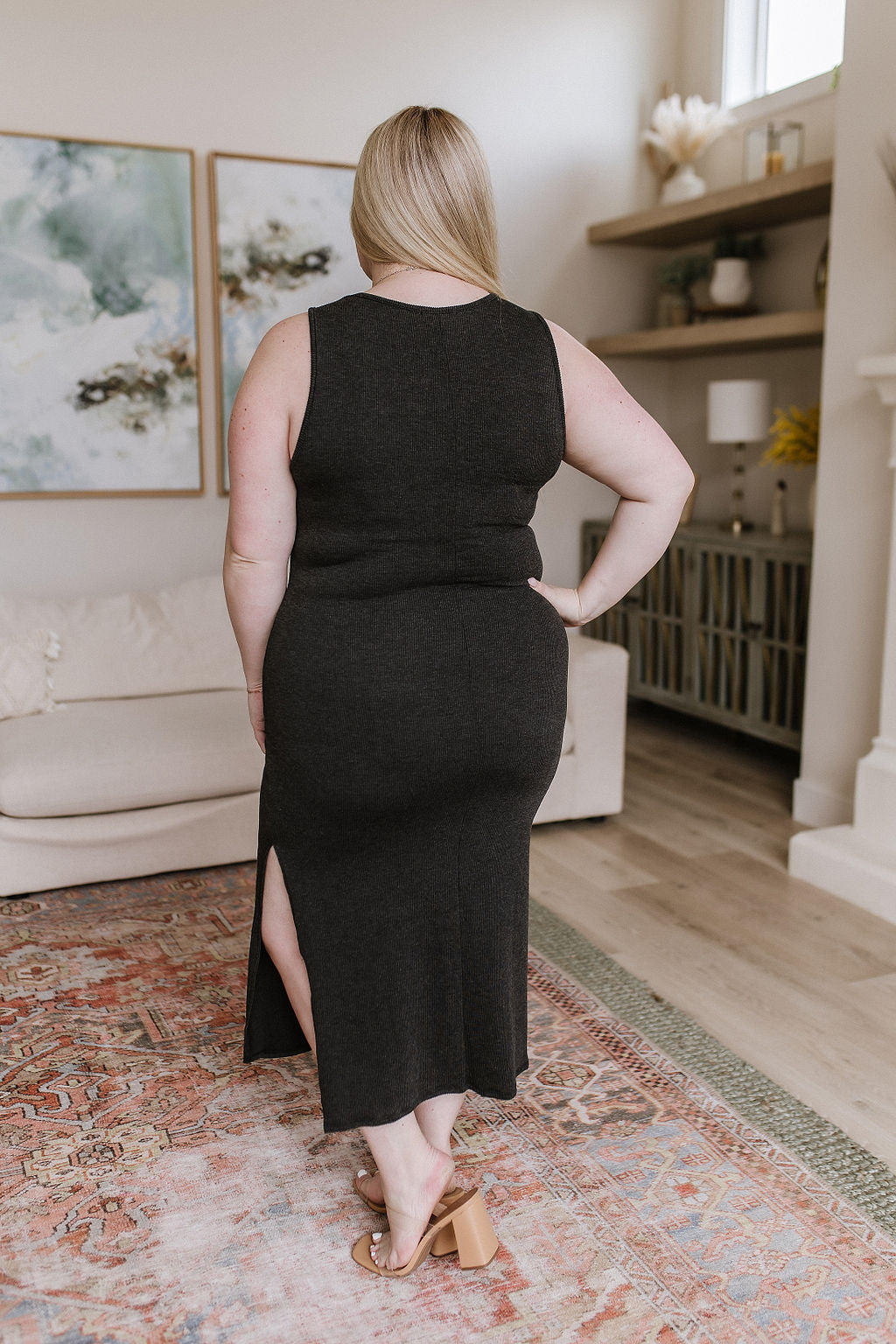 Front Tie Detail Midi Dress in Charcoal