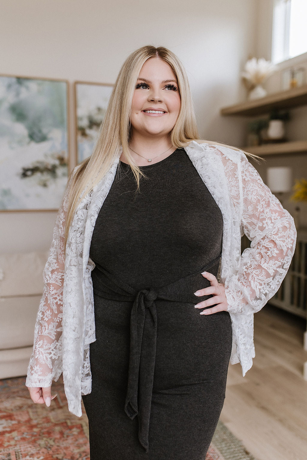 Front Tie Detail Midi Dress in Charcoal