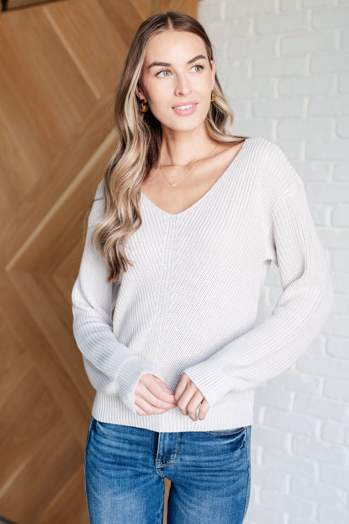 Ribbed Knit V Neck Sweater